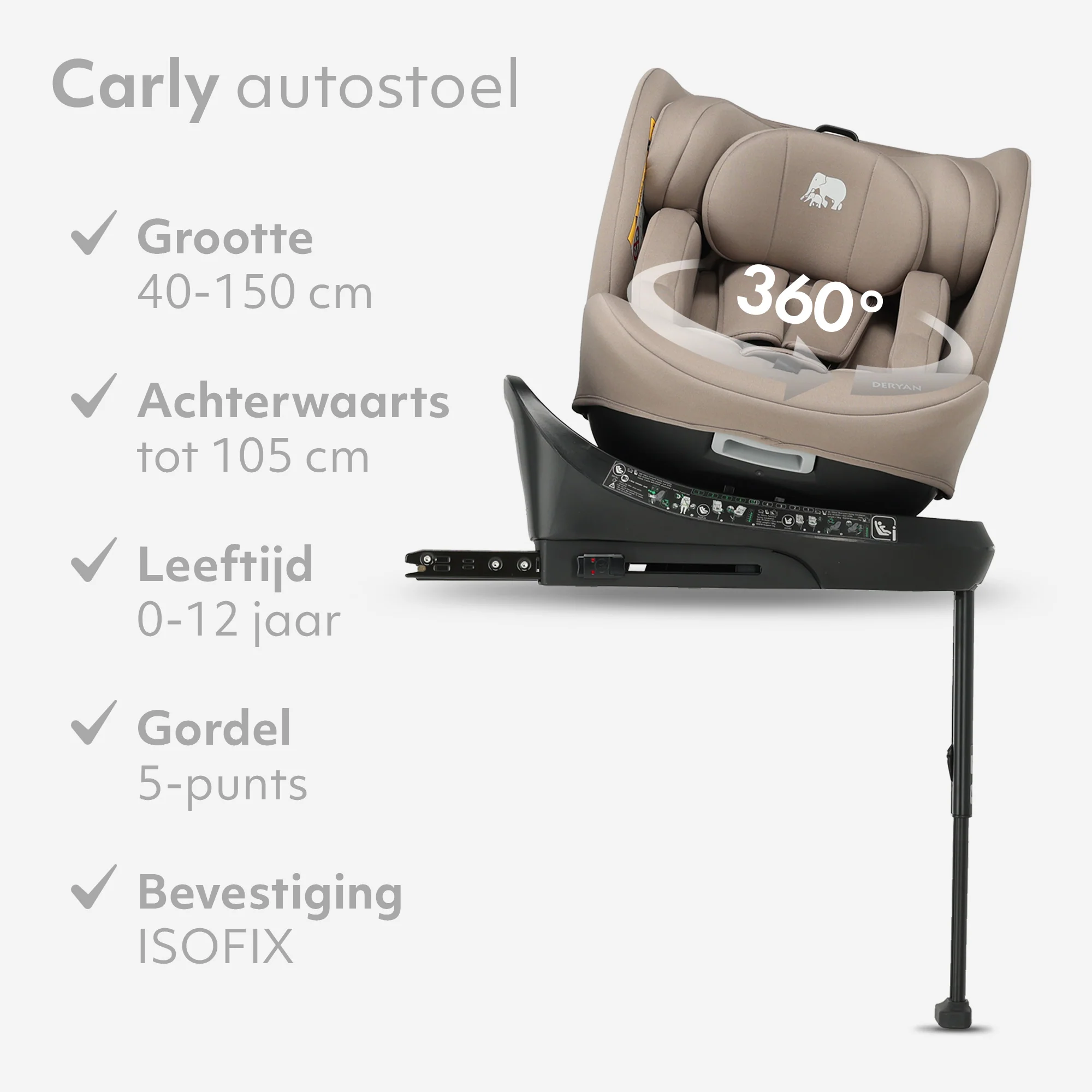 Carly Luxe i-Size Autostoel - 0-36kg - Isofix + steunpoot - 360 draaibaar - Nougat - Image 4